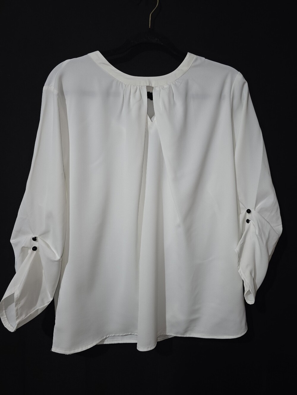 Allegra K White Keyhole Back Roll-Tab Sleeve Blouse
